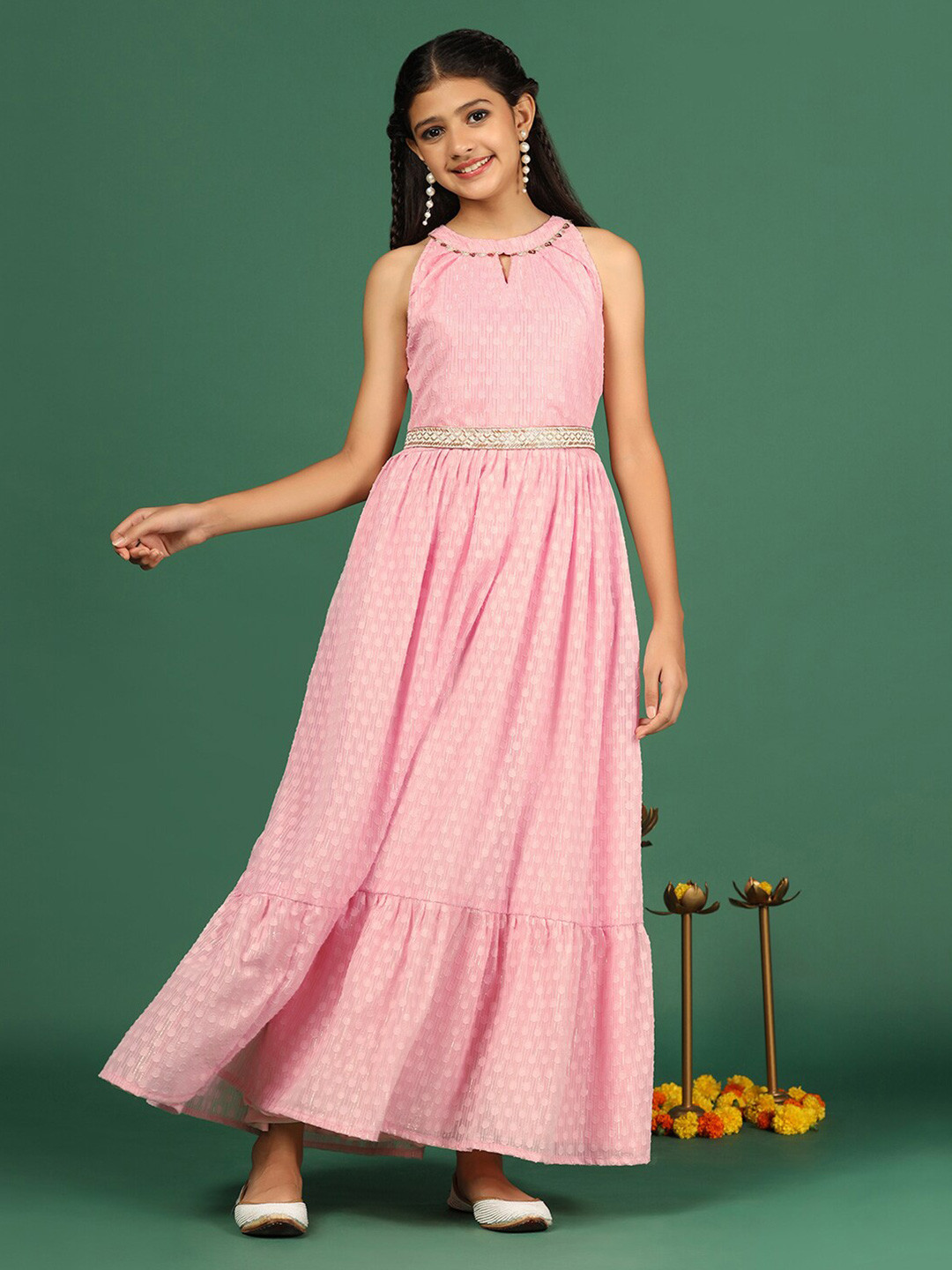 

FASHION DREAM Girls Self Design Halter Neck Gathered Detailed Maxi Ethnic Dress With Belt, Pink