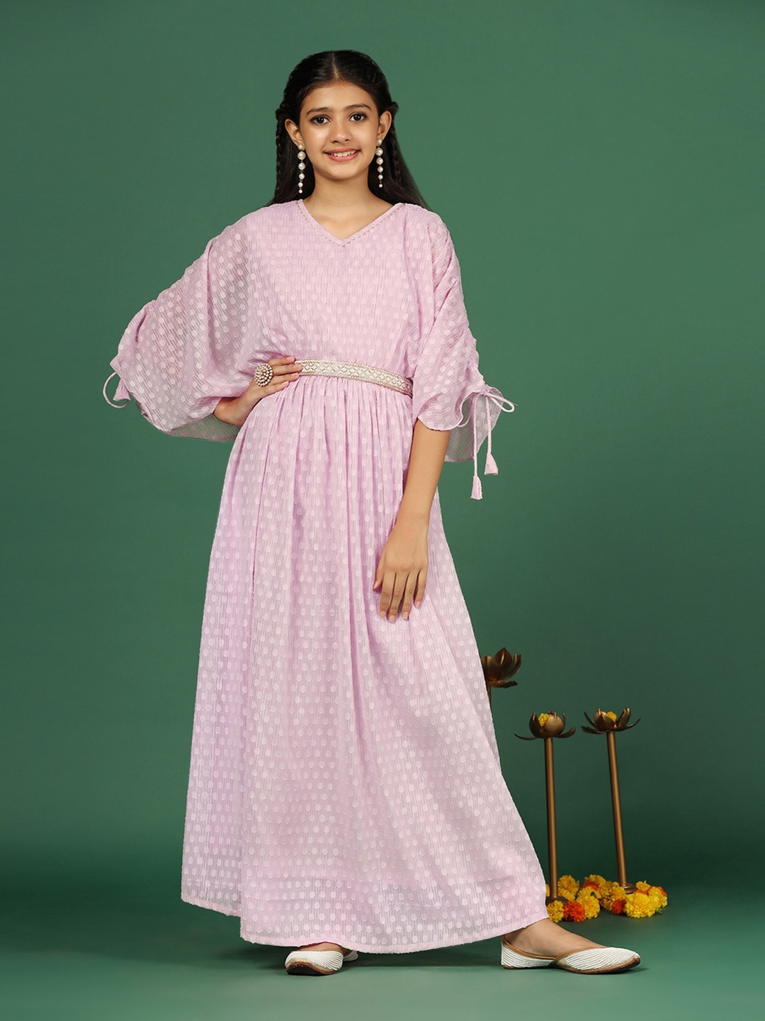 

FASHION DREAM Girls Self Design V-Neck Gathered Detailed Maxi Ethnic Dress With Belt, Lavender