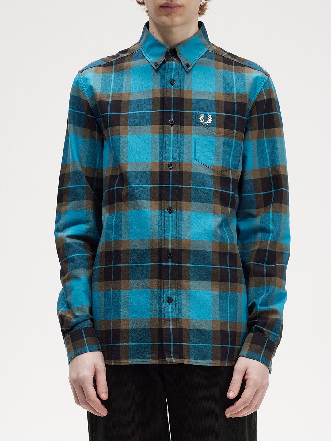 

Fred Perry Tartan Checked Button-Down Collar Long Sleeves Cotton Casual Shirt, Blue
