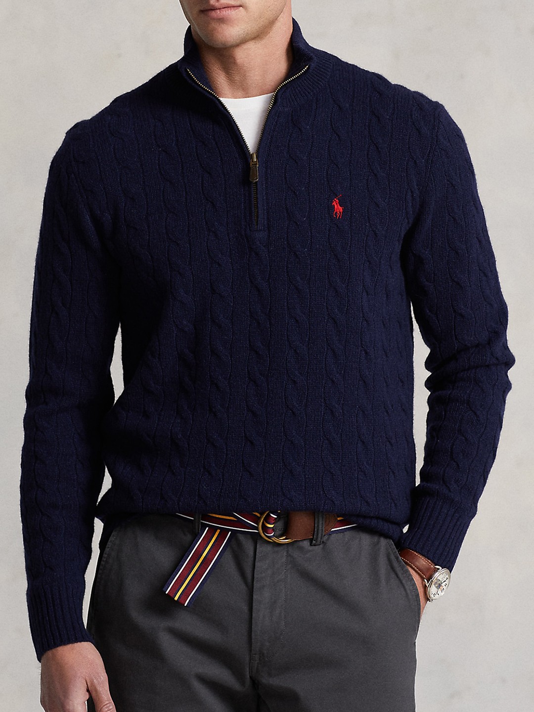 

Polo Ralph Lauren Cable Knit Mock Neck Half-Zipper Pullover, Navy blue