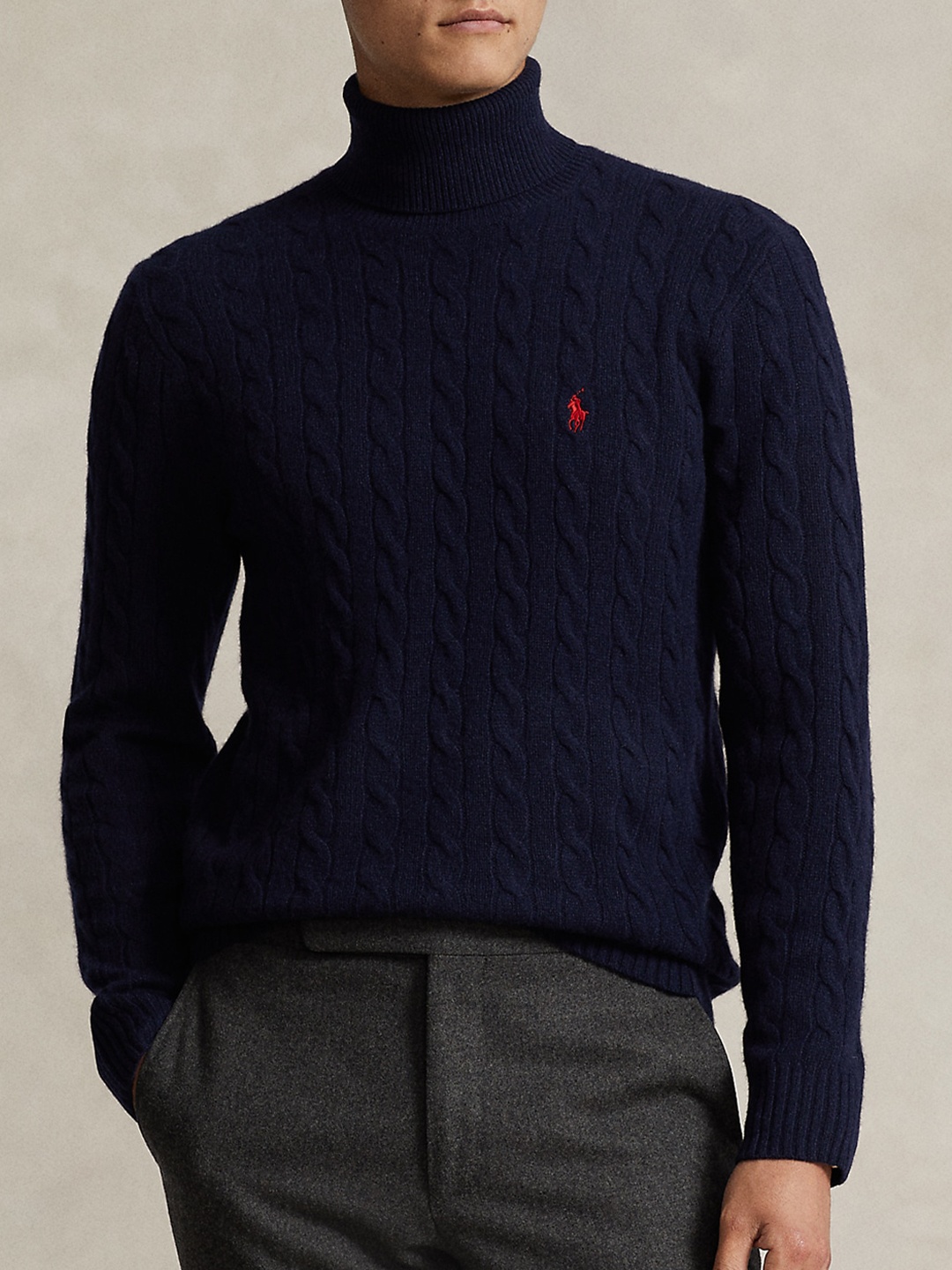 

Polo Ralph Lauren Cable Knit Self Design Turtle Neck Woollen Pullover, Navy blue