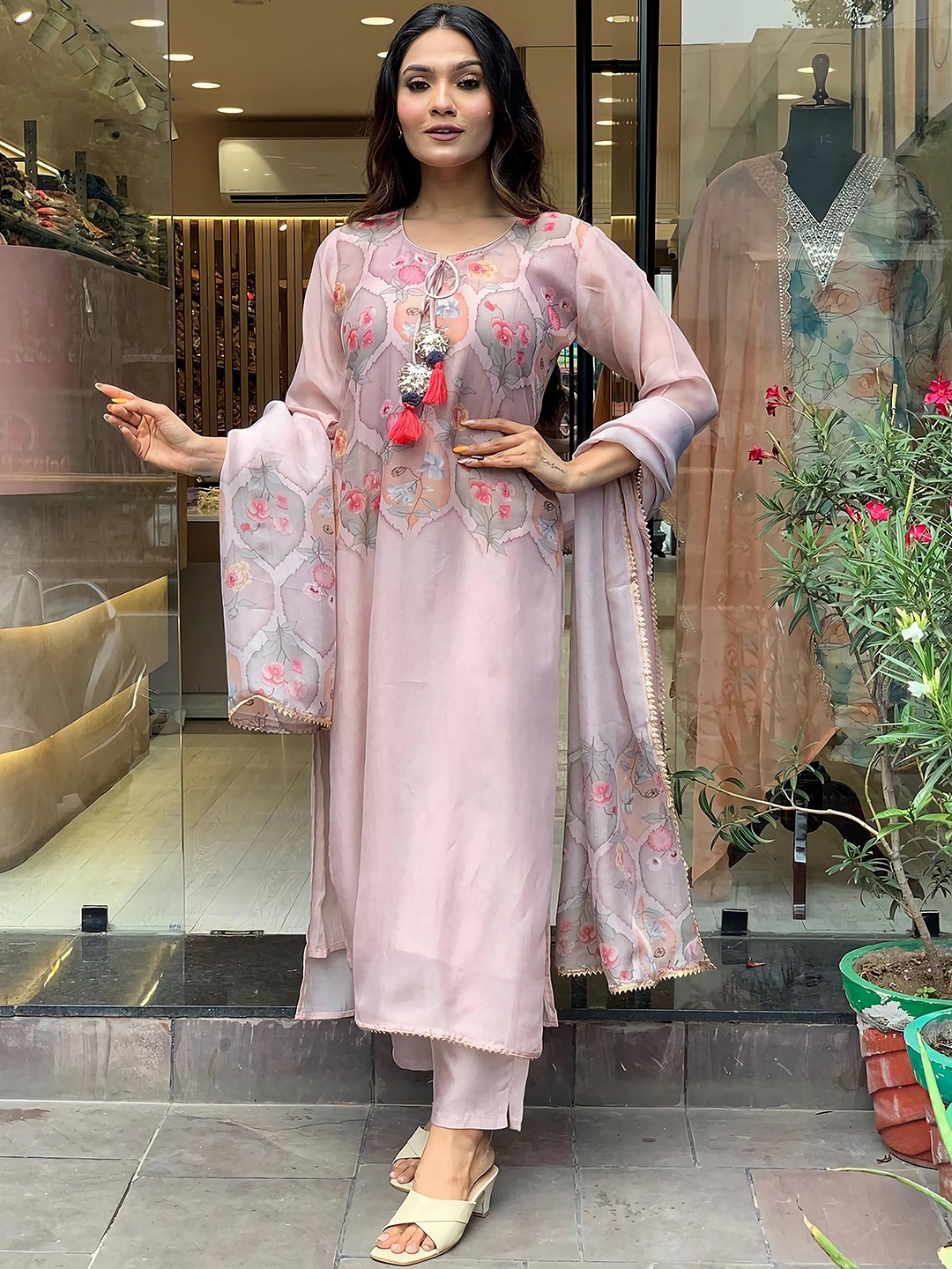 

KALINI Floral Printed Tie-Up Neck Kurta With Trousers & Dupatta, Pink
