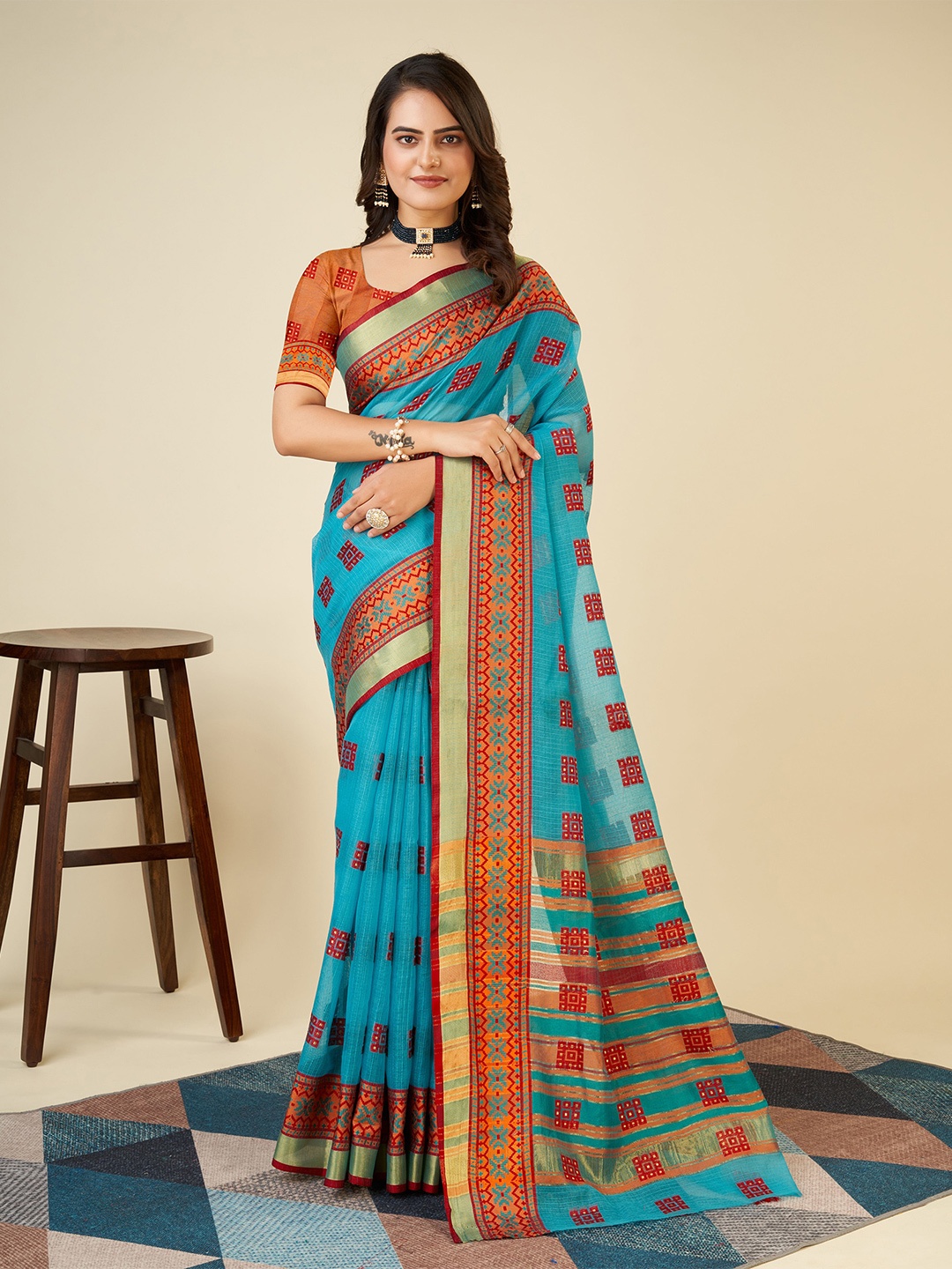 

Anjaneya Sarees Ethnic Motifs Woven Design Zari Chanderi Saree, Teal