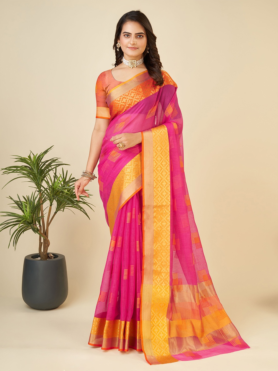 

Anjaneya Sarees Ethnic Motifs Woven Design Zari Chanderi Saree, Pink