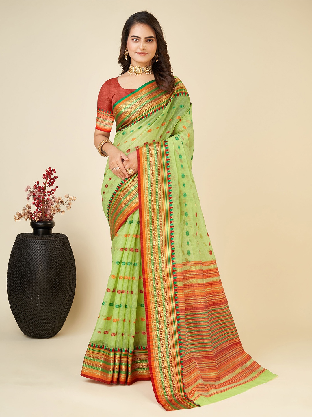 

Anjaneya Sarees Ethnic Motifs Woven Design Zari Detailed Chanderi Saree, Green