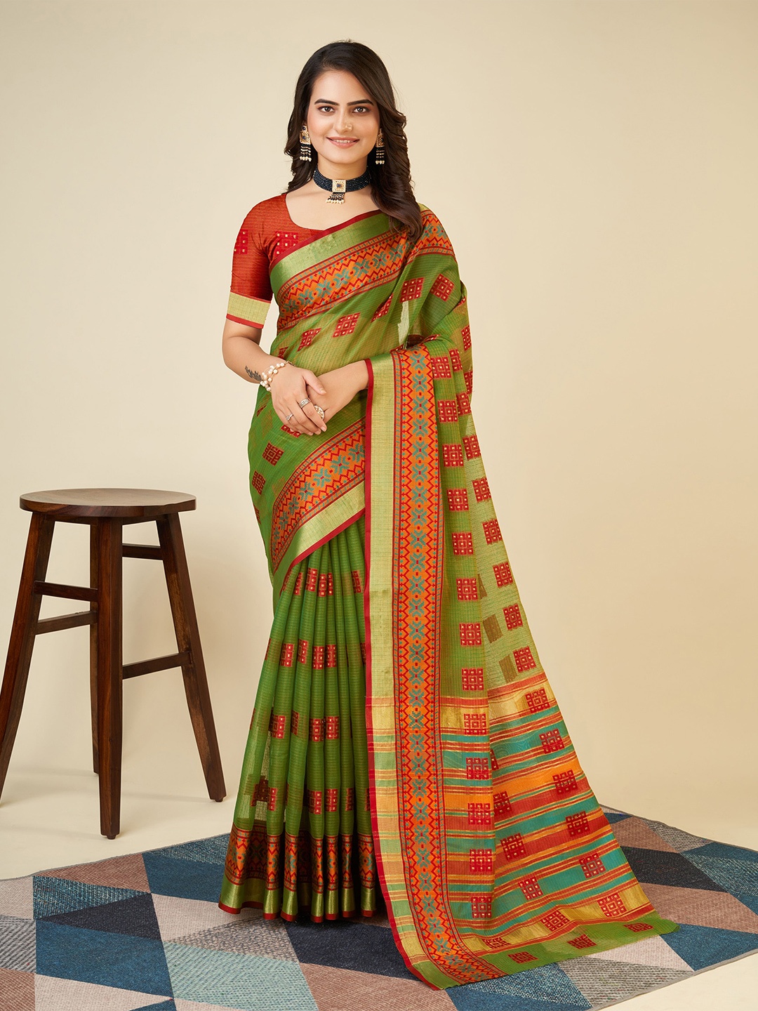 

Anjaneya Sarees Geometric Woven Design Zari Detailed Chanderi Saree, Green