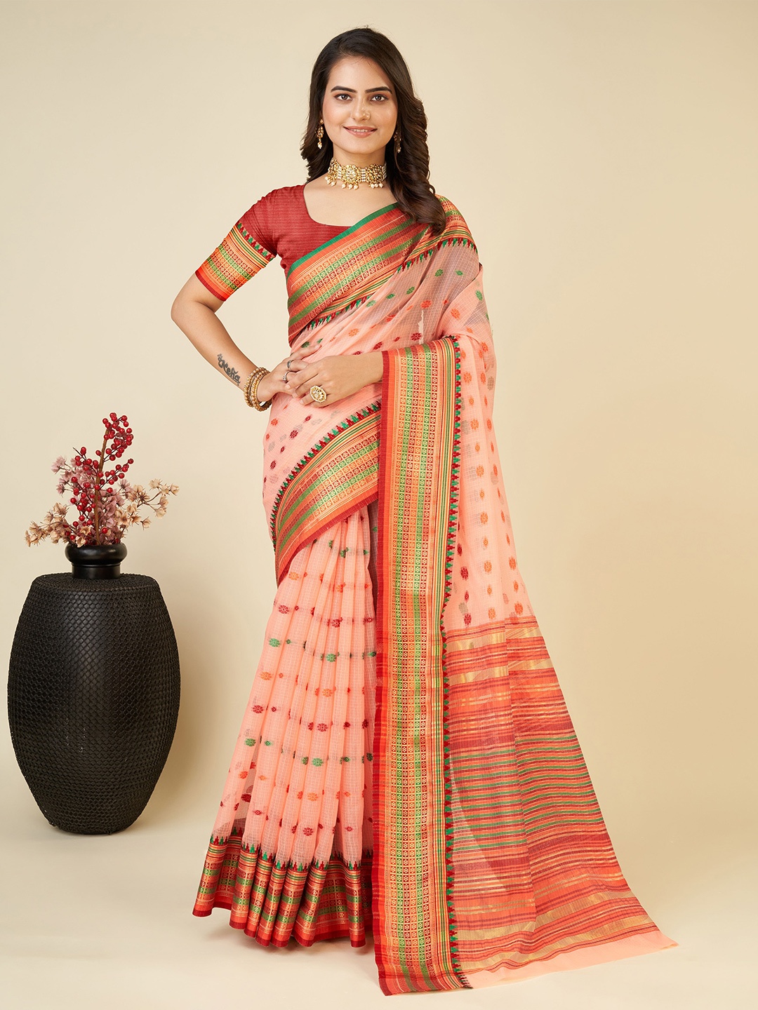 

Anjaneya Sarees Ethnic Motifs Woven Design Zari Chanderi Saree, Peach