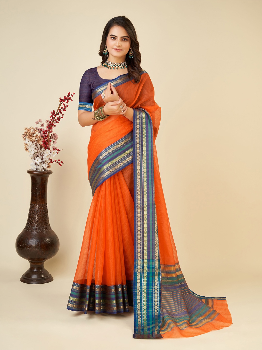 

Anjaneya Sarees Checked Zari Detail Chanderi Saree, Orange