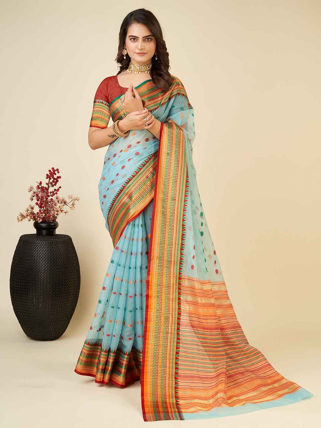 

Anjaneya Sarees Ethnic Motifs Woven Design Zari Chanderi Saree, Blue