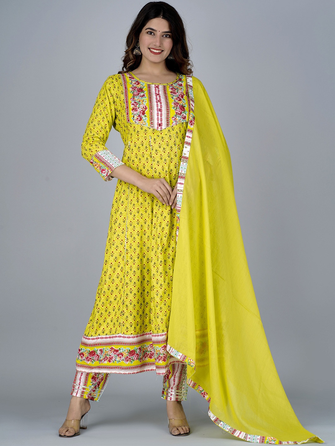 

KALINI Floral Printed Layered Gotta Patti Kurta With Trousers & Dupatta, Mustard