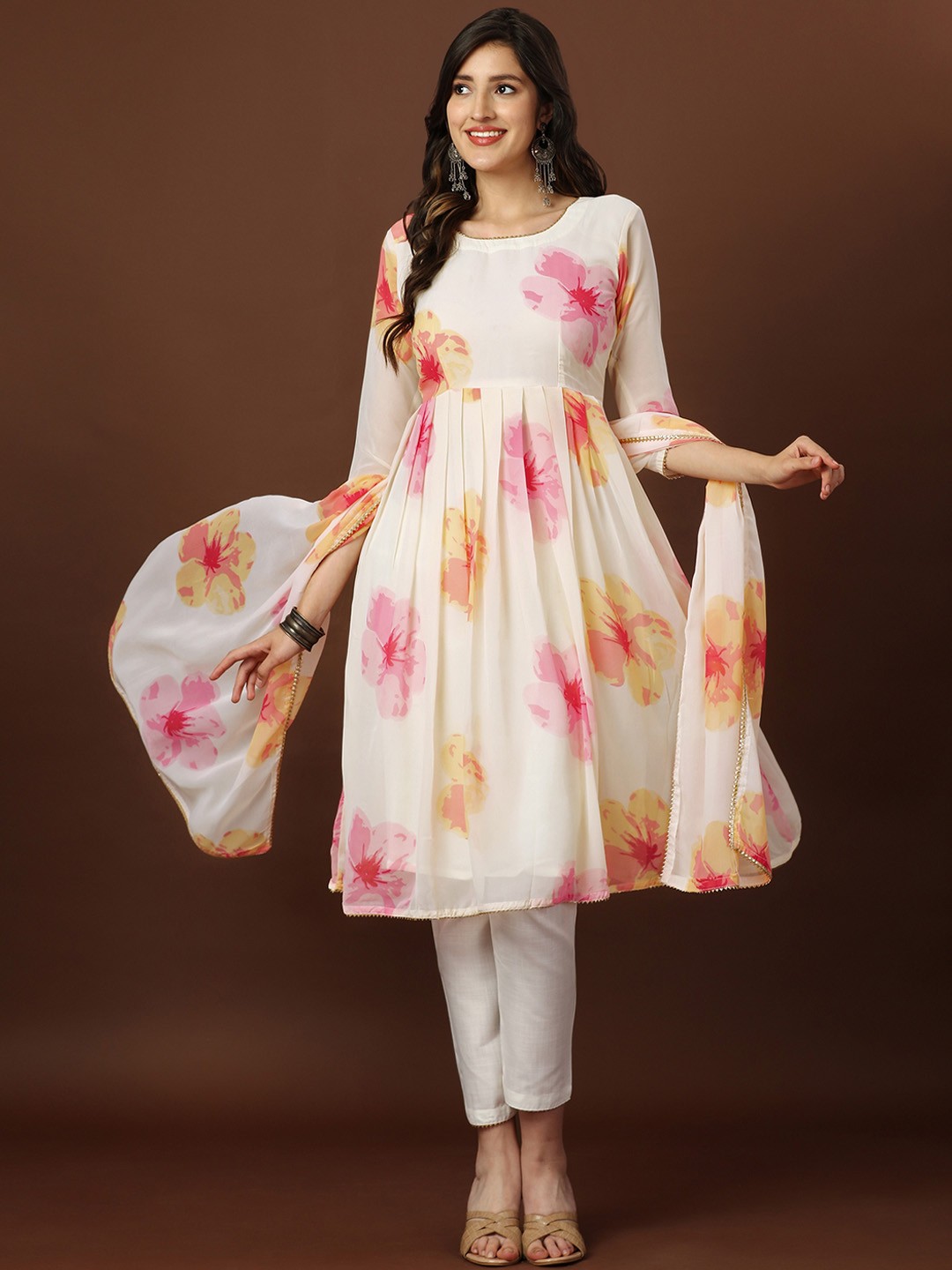 

KALINI Floral Printed Pleated Gotta Patti Kurta With Trousers & Dupatta, Cream