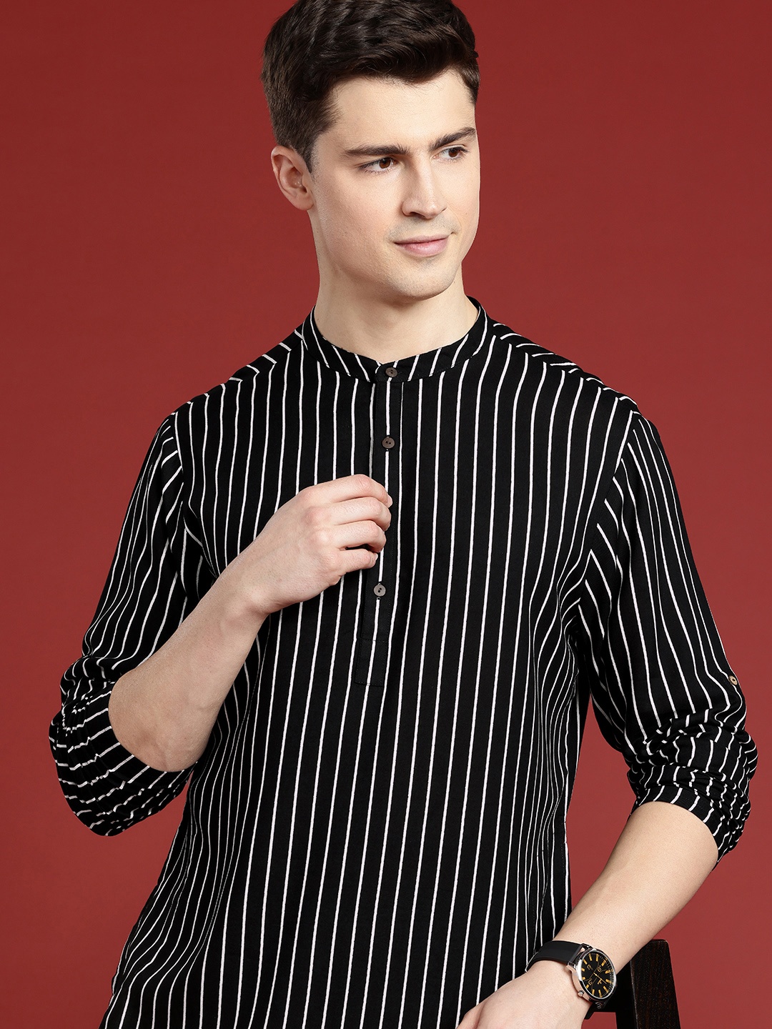 

Anouk Men Pure Cotton Striped Kurta, Black