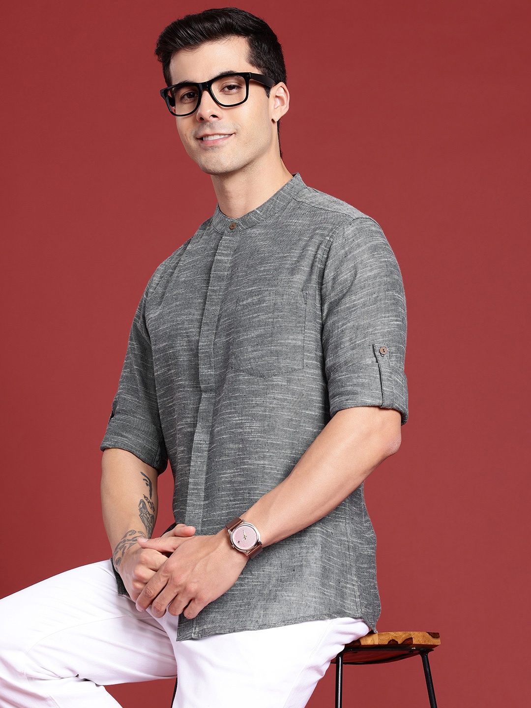

Anouk Self Design Band-Collar Casual Shirt, Grey