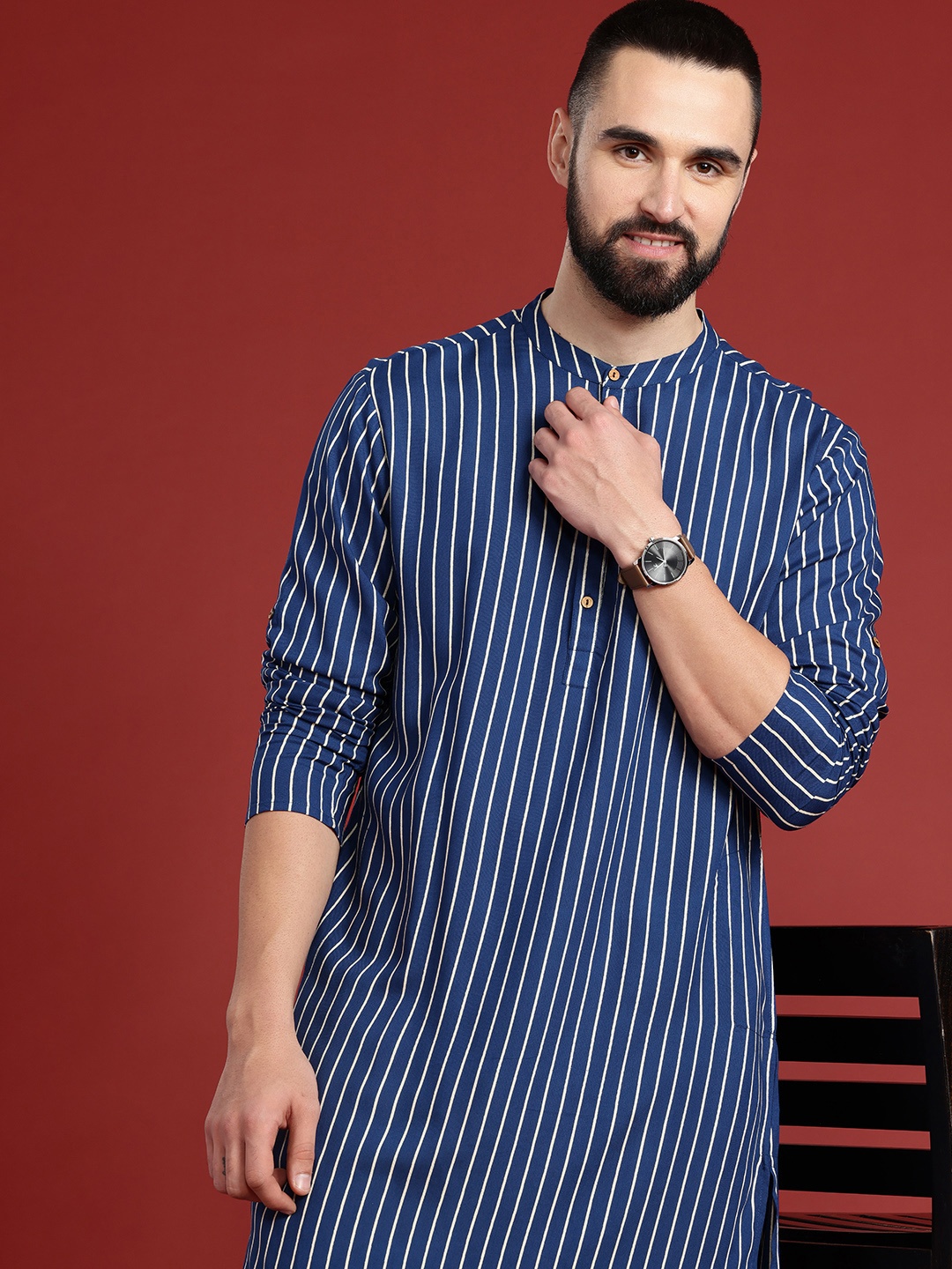 

Anouk Band Collar Striped Kurta, Blue