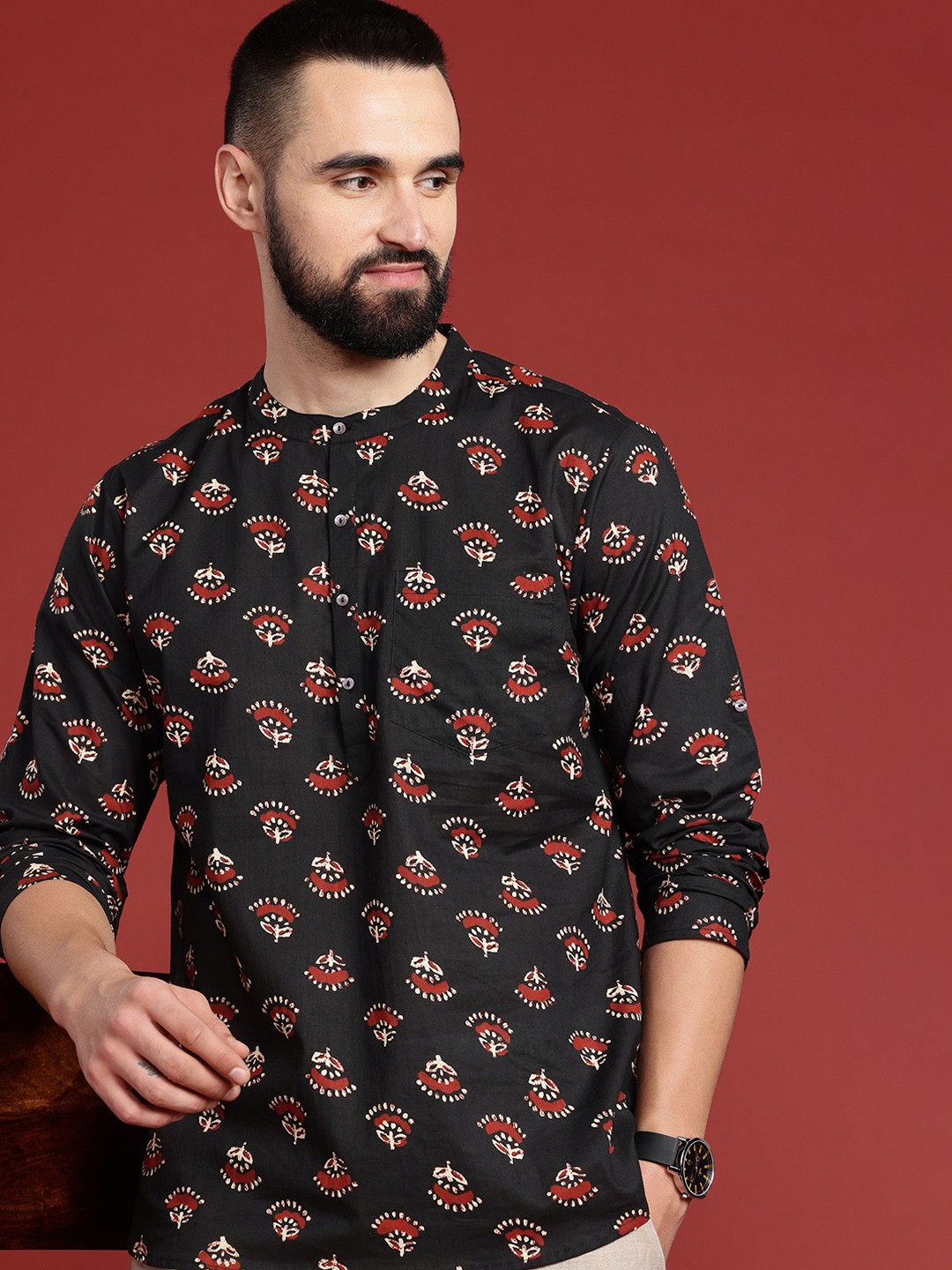 

Anouk Men Pure Cotton Ethnic Motifs Printed Kurta, Black