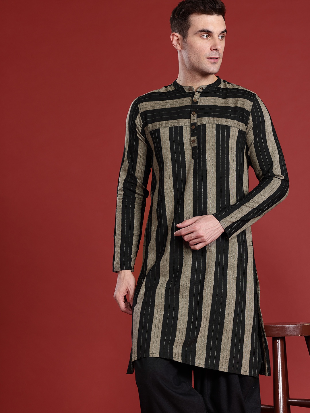 

Anouk Men Striped Thread Work Kurta with Salwar, Black