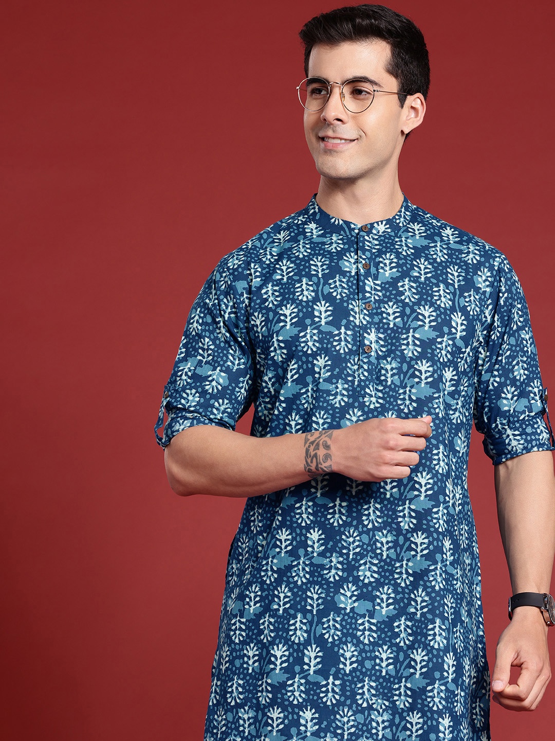 

Anouk Ethnic Motifs Printed Roll-Up Sleeves Straight Kurta, Blue