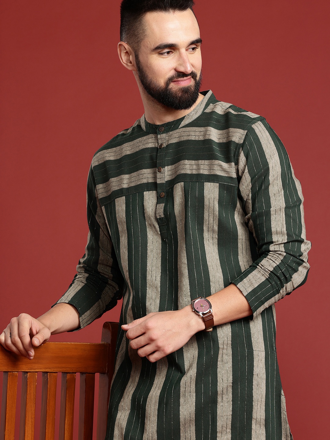 

Anouk Men Striped Regular Kurta With Patiala, Green