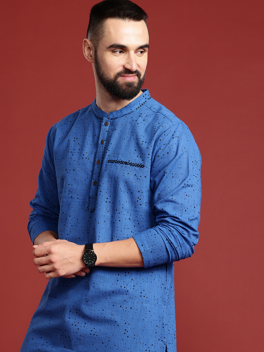 

Anouk Men Geometric Printed Pure Cotton Kurta & Trousers, Blue