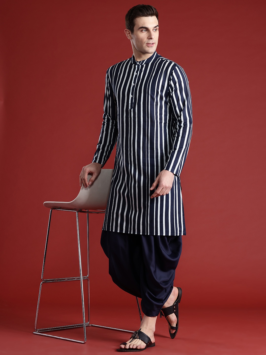 

Anouk Striped Pure Cotton Kurta with Dhoti Pants, Navy blue