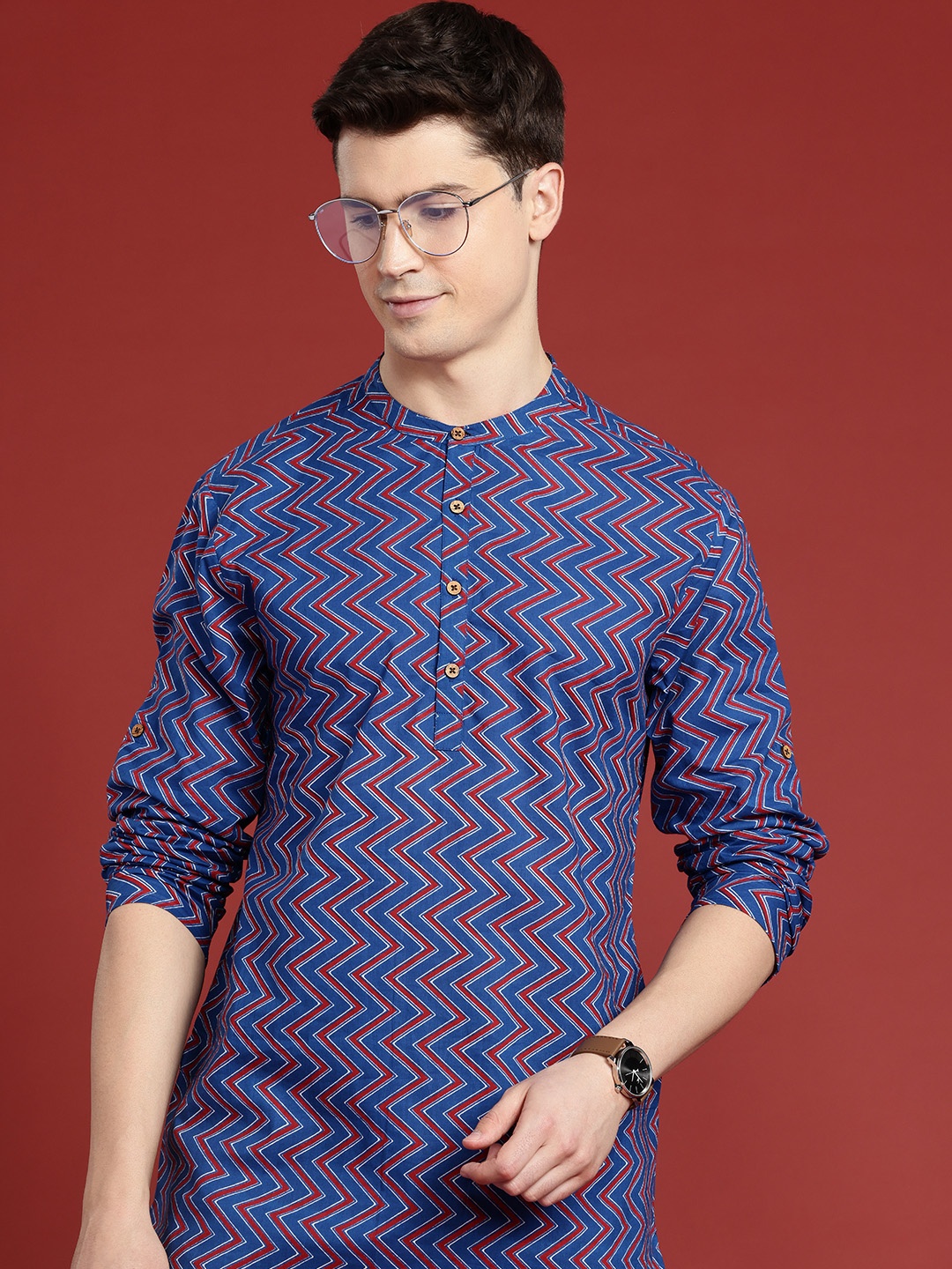 

Anouk Men Pure Cotton Chevron Printed Kurta, Blue