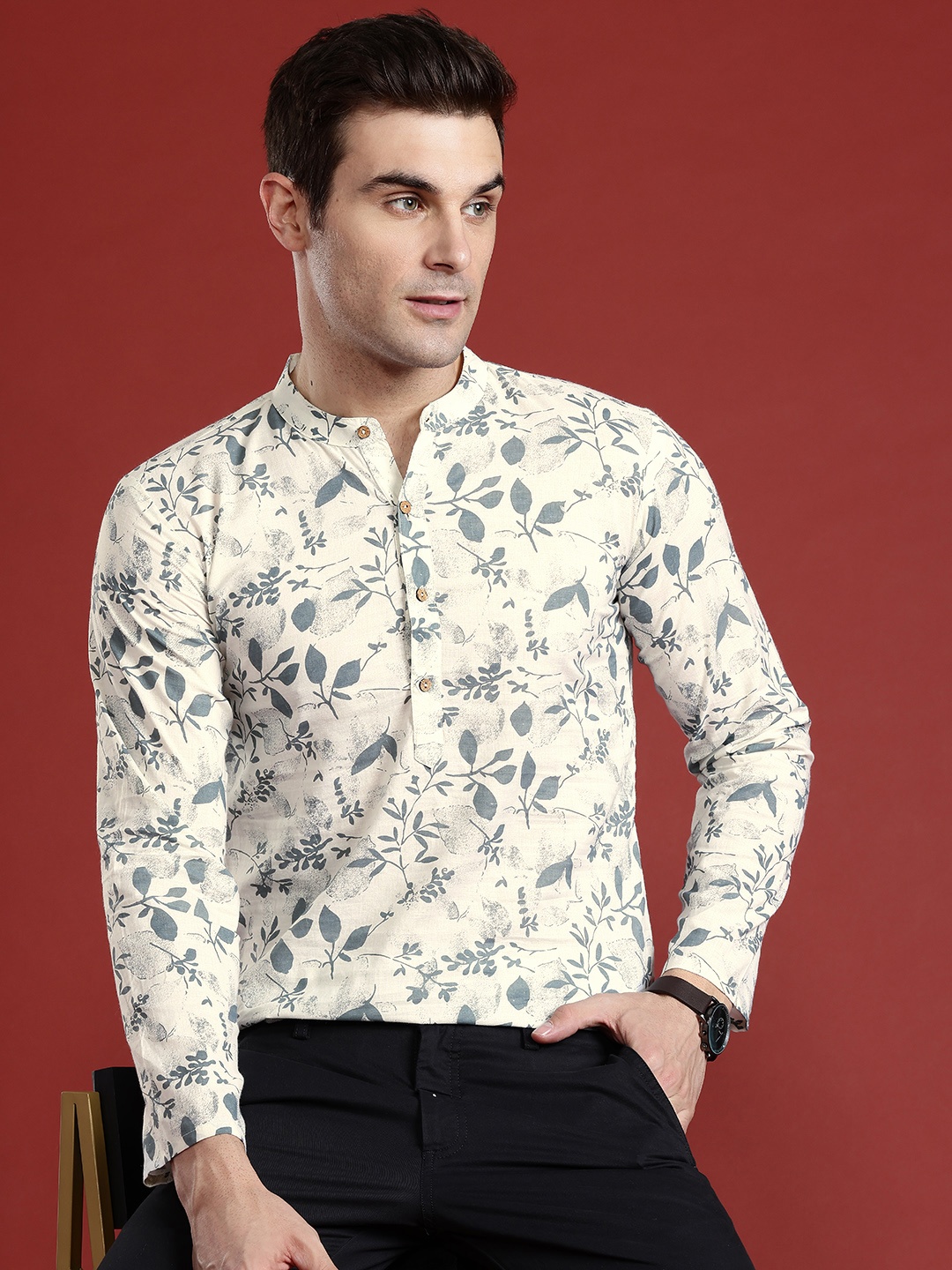 Anouk Cotton Floral Printed Short Kurta, White
