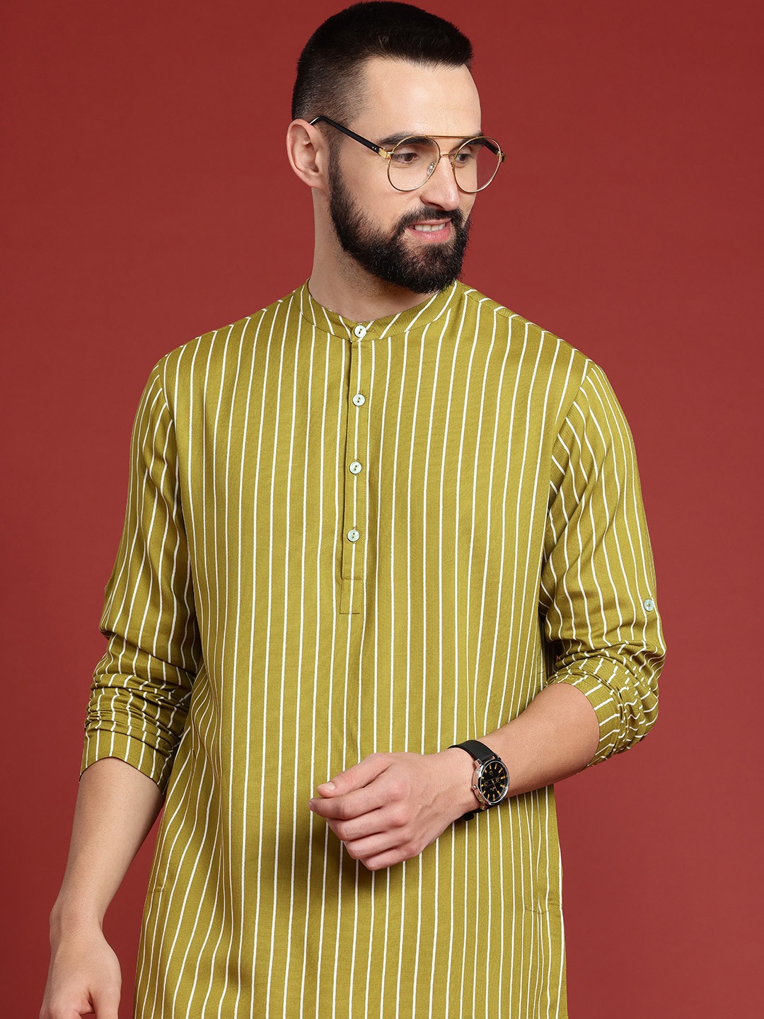 

Anouk Men Pure Cotton Striped Kurta, Mustard