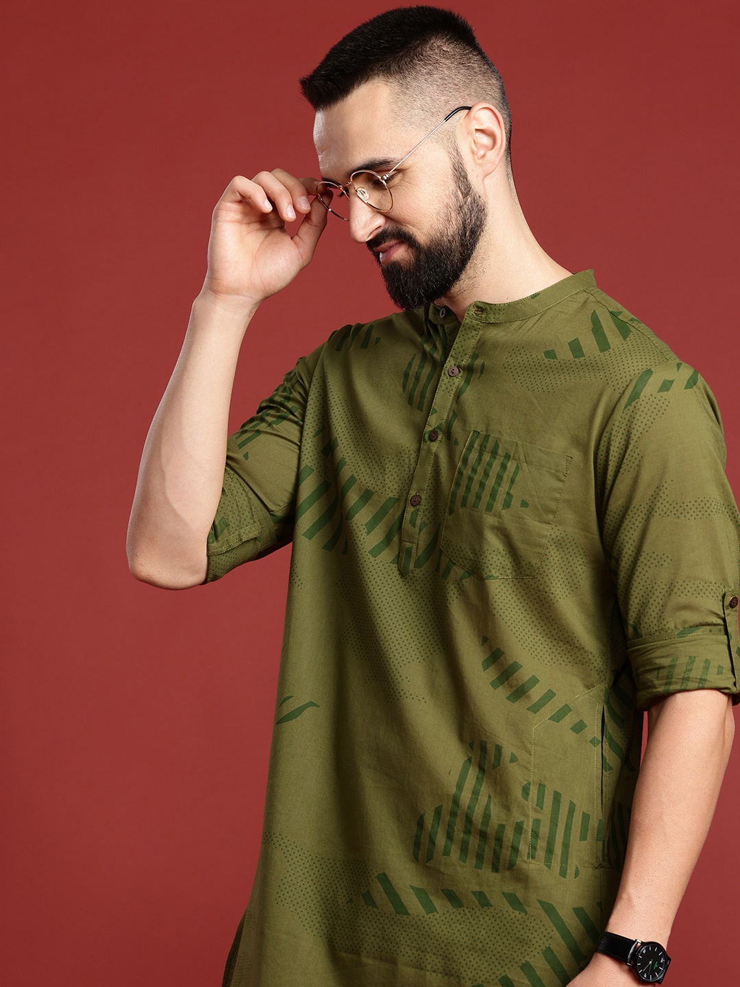 

Anouk Men Pure Cotton Geometric Printed Kurta, Green
