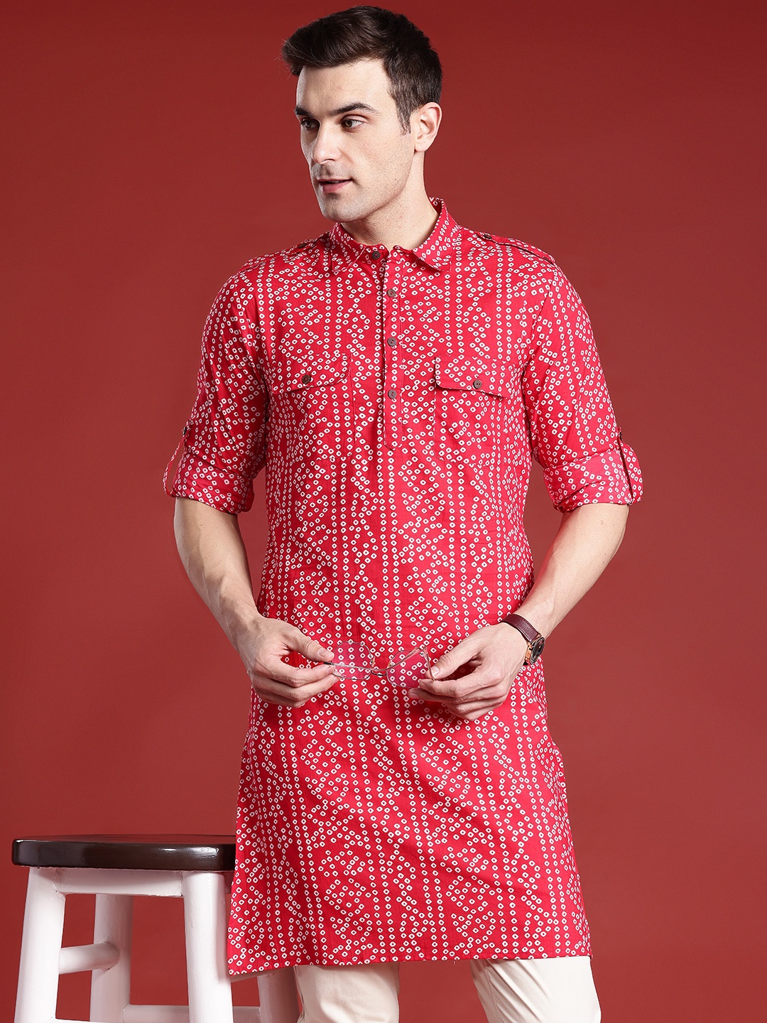 

Anouk Men Bandhani Printed Pure Cotton Pathani Kurta, Red