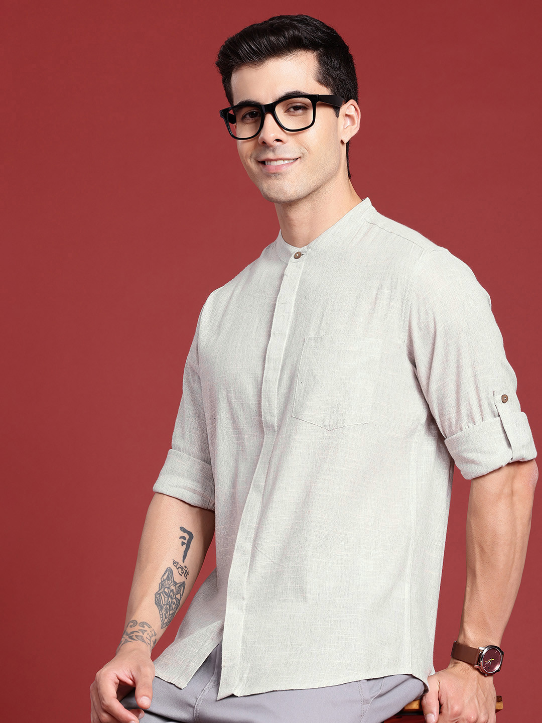 

Anouk Self Design Textured Band-Collar Casual Shirt, Grey