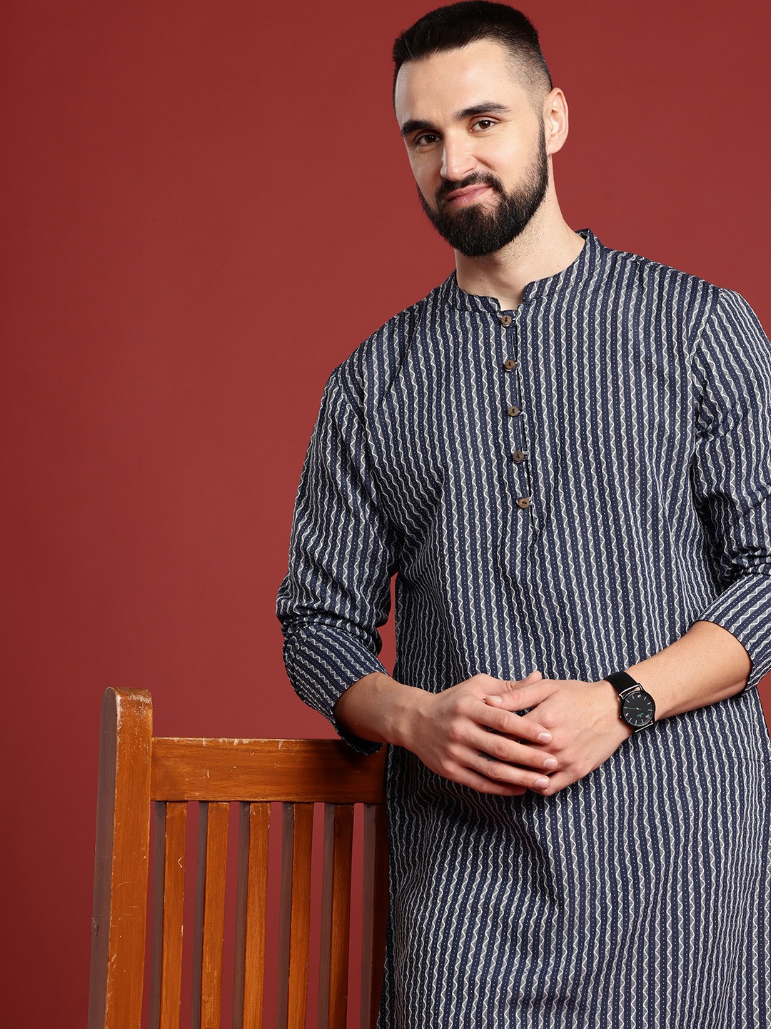 

Anouk Men Woven Design Regular Kurta With Churidar, Navy blue