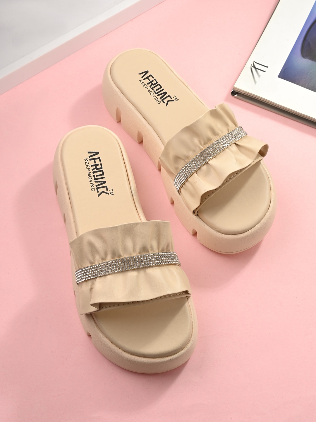 

AfroJack Embellished Open Toe Flatform Heels, Beige