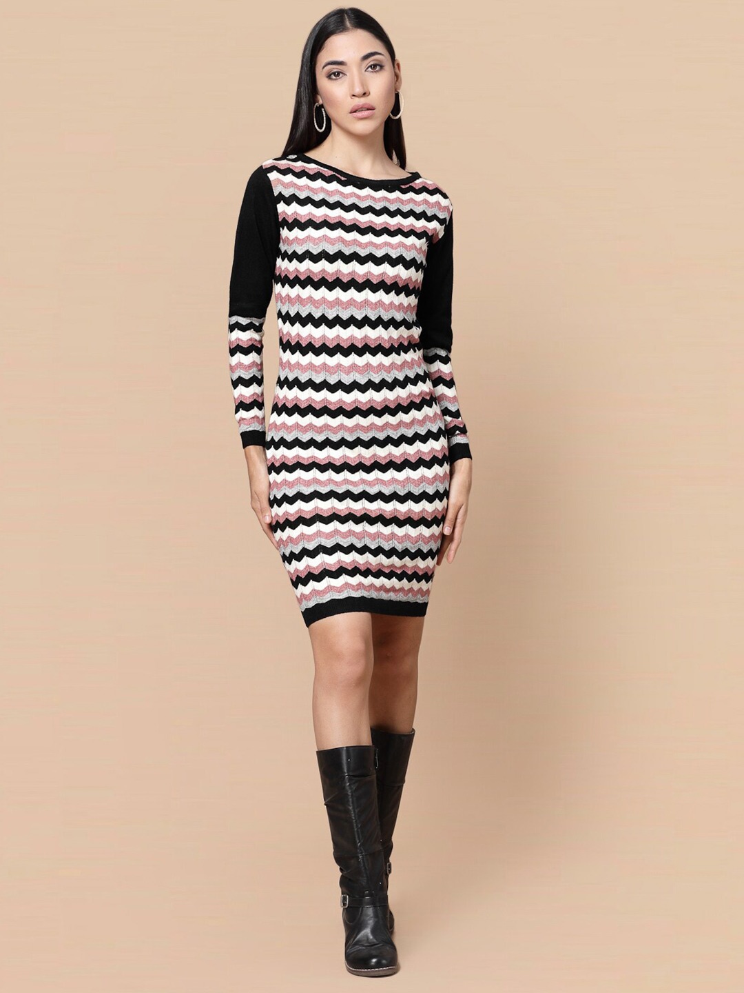 

DressBerry Black Striped Round Neck Acrylic Bodycon Dress