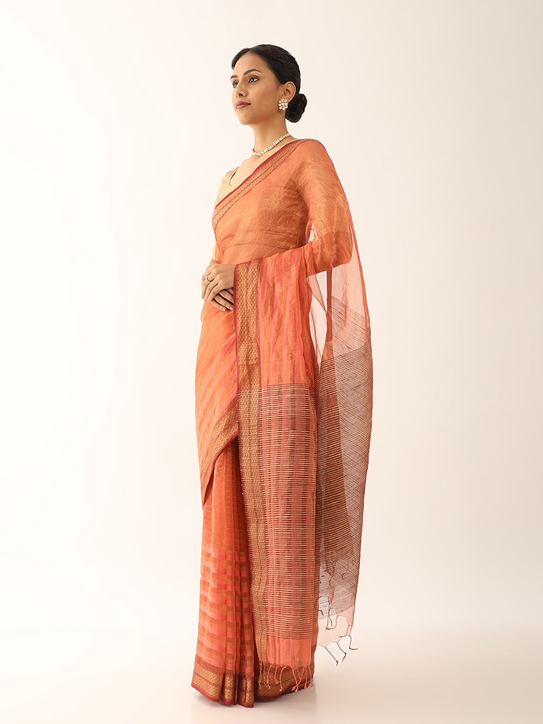 

Taneira Striped Zari Maheshwari Saree, Orange
