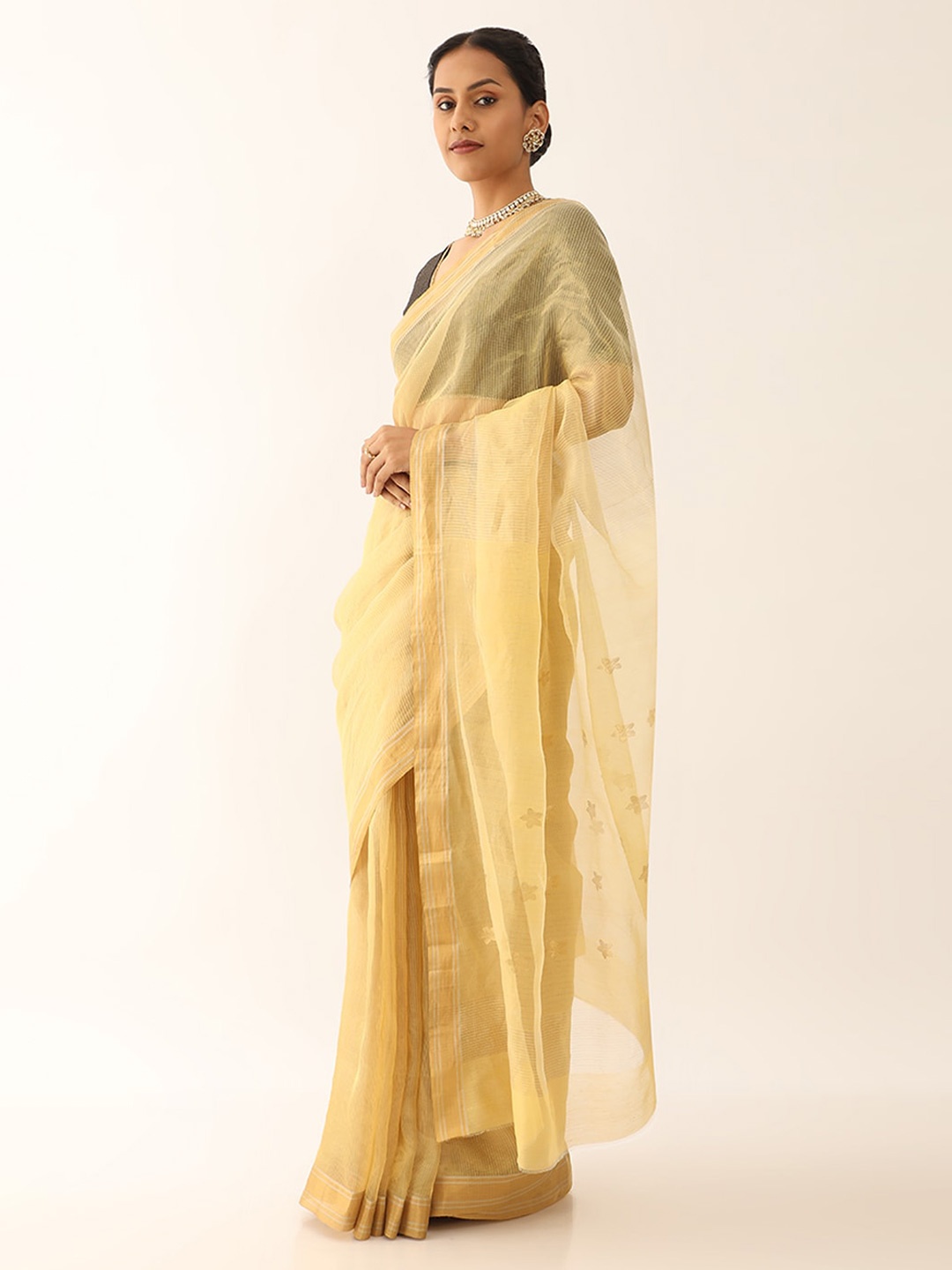

Taneira Striped Zari Silk Blend Chanderi Saree, Yellow