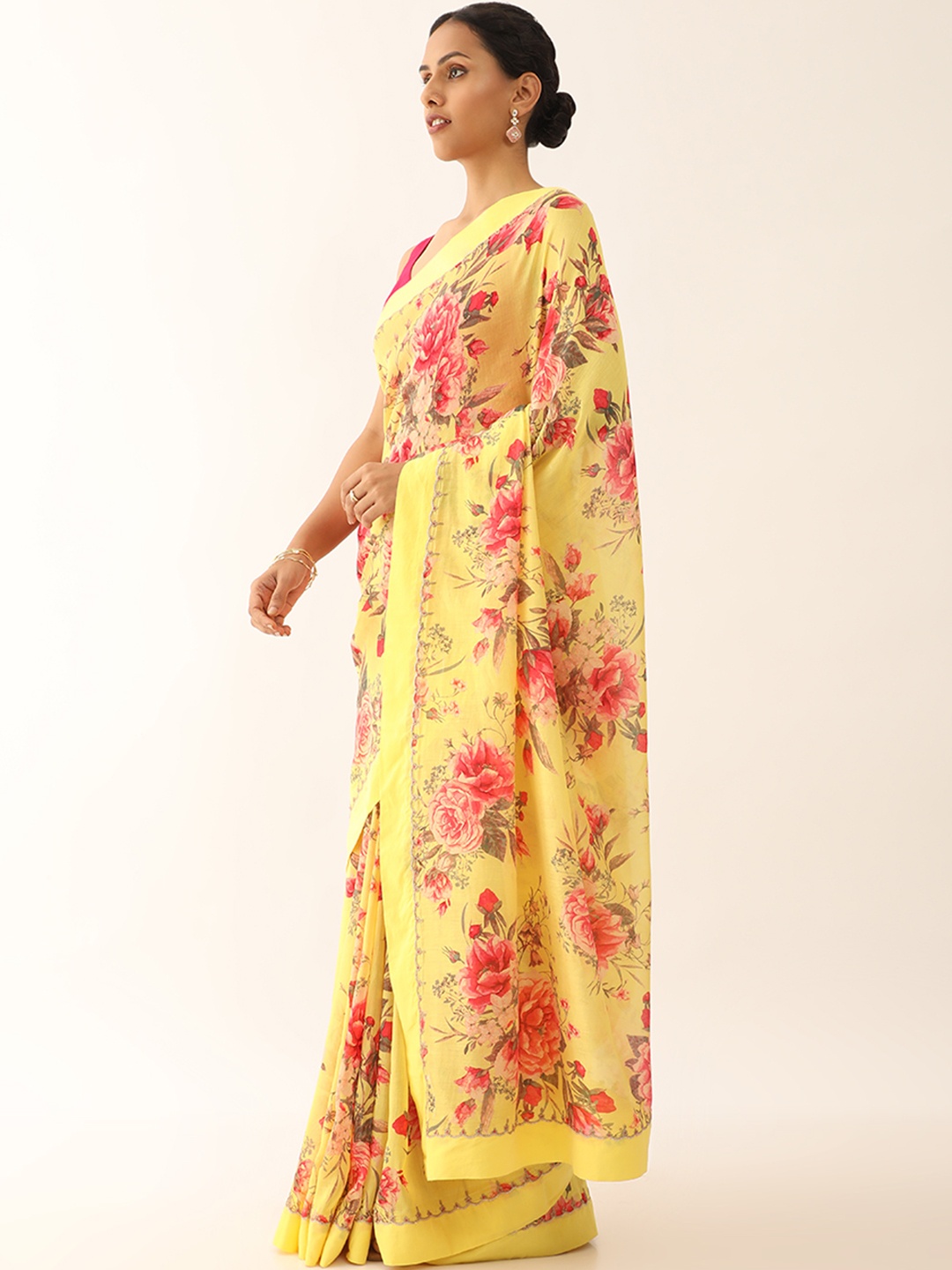 

Taneira Floral Embroidered Silk Cotton Saree, Yellow