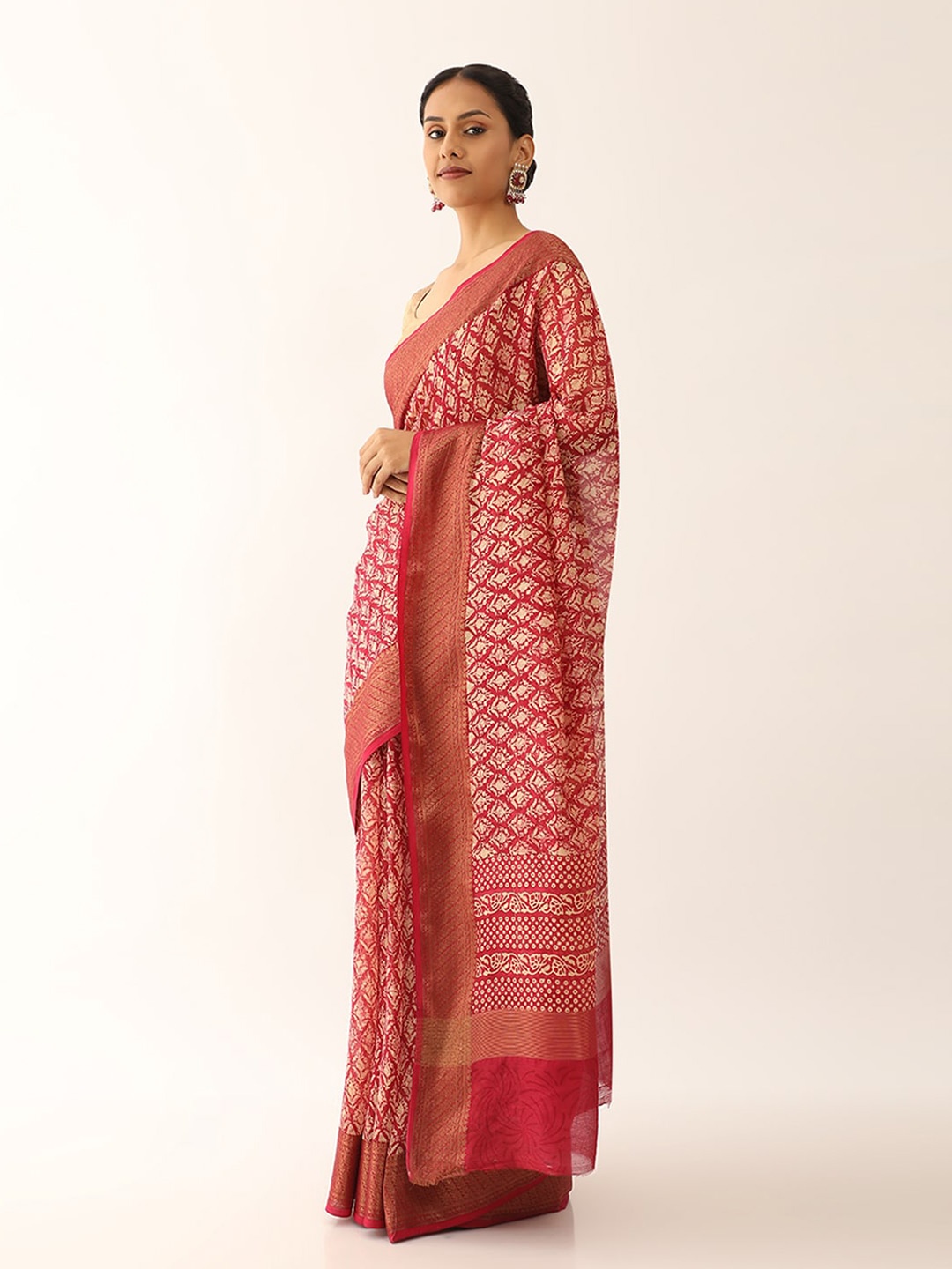 

Taneira Ethnic Motifs Printed Zari Silk Cotton Block Print Saree, Pink