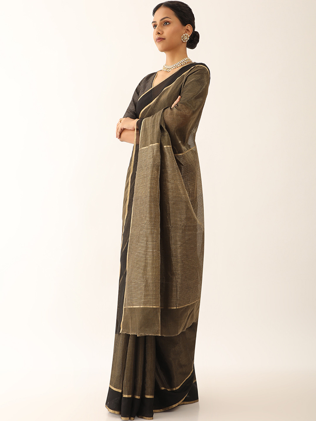 

Taneira Zari Silk Cotton Chanderi Saree, Black