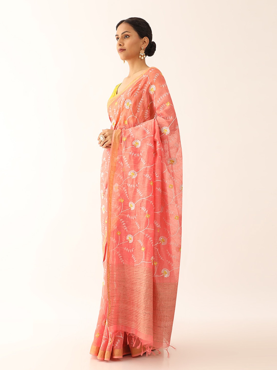 

Taneira Floral Embroidered Zari Silk Blend Bhagalpuri Saree, Orange