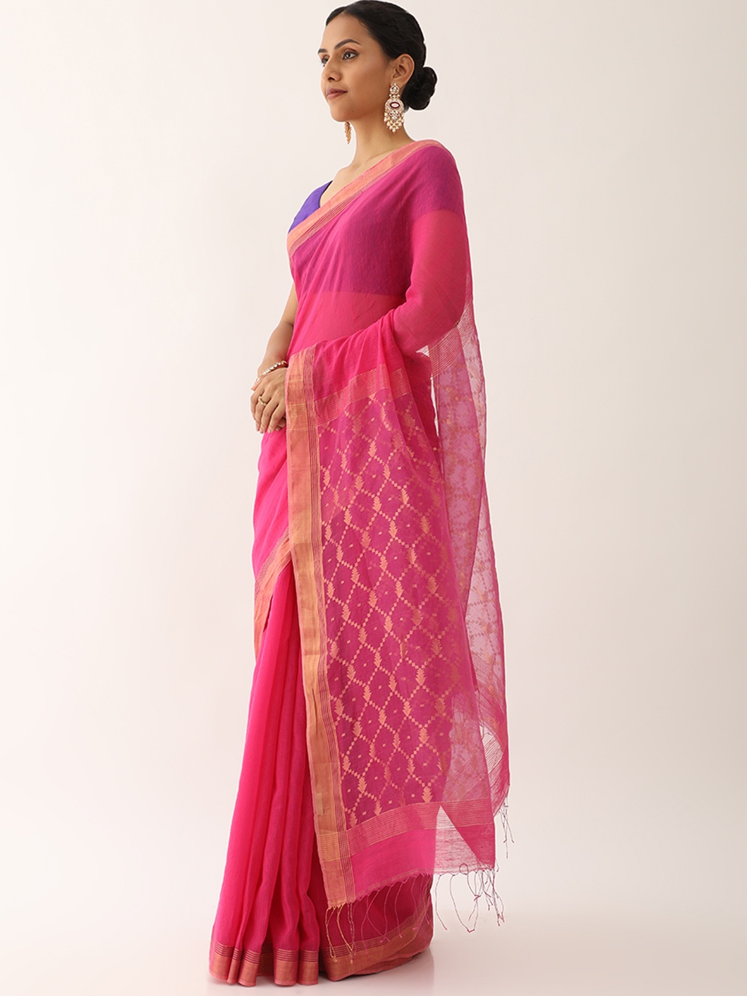 

Taneira Striped Zari Silk Cotton Saree, Pink