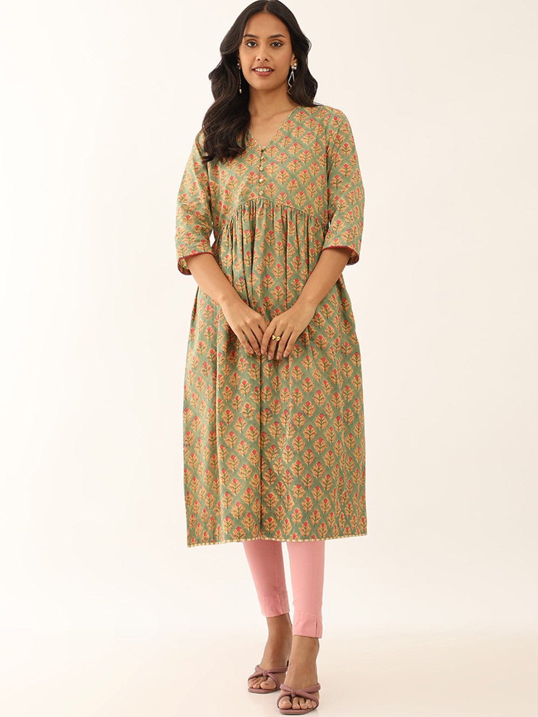 

Taneira Floral Block Printed Pure Cotton Empire Kurta, Green