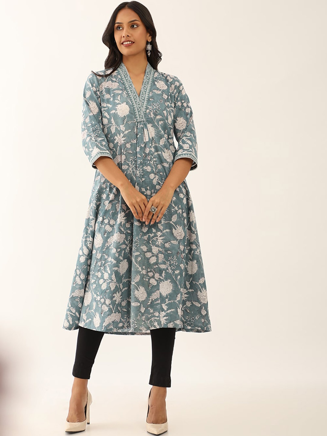 

Taneira Ethnic Motifs Printed Sequinned Pure Cotton A-Line Kurta, Blue