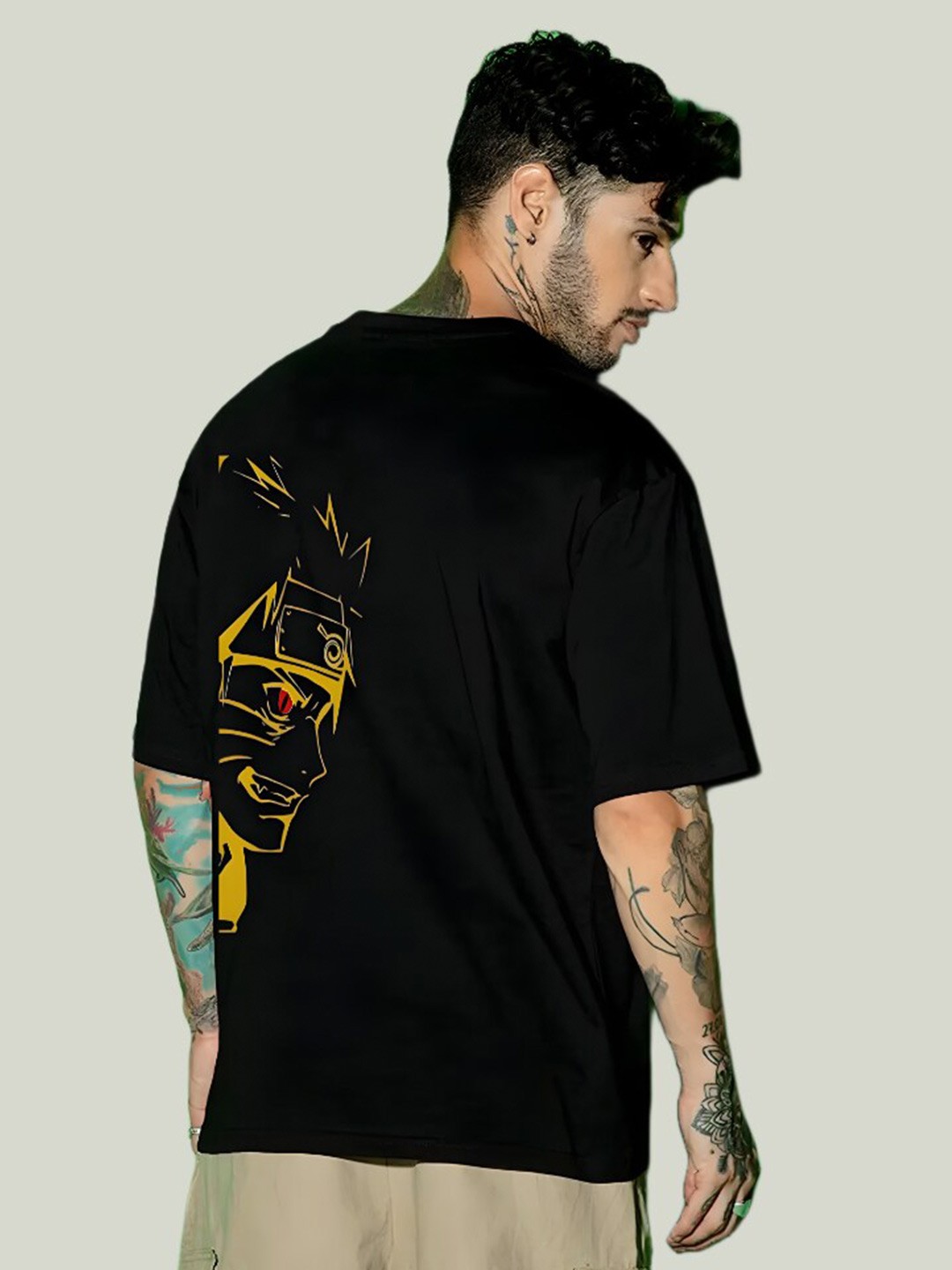 

Elibolz Naruto Printed Drop-Shoulder Cotton Oversized T-shirt, Black