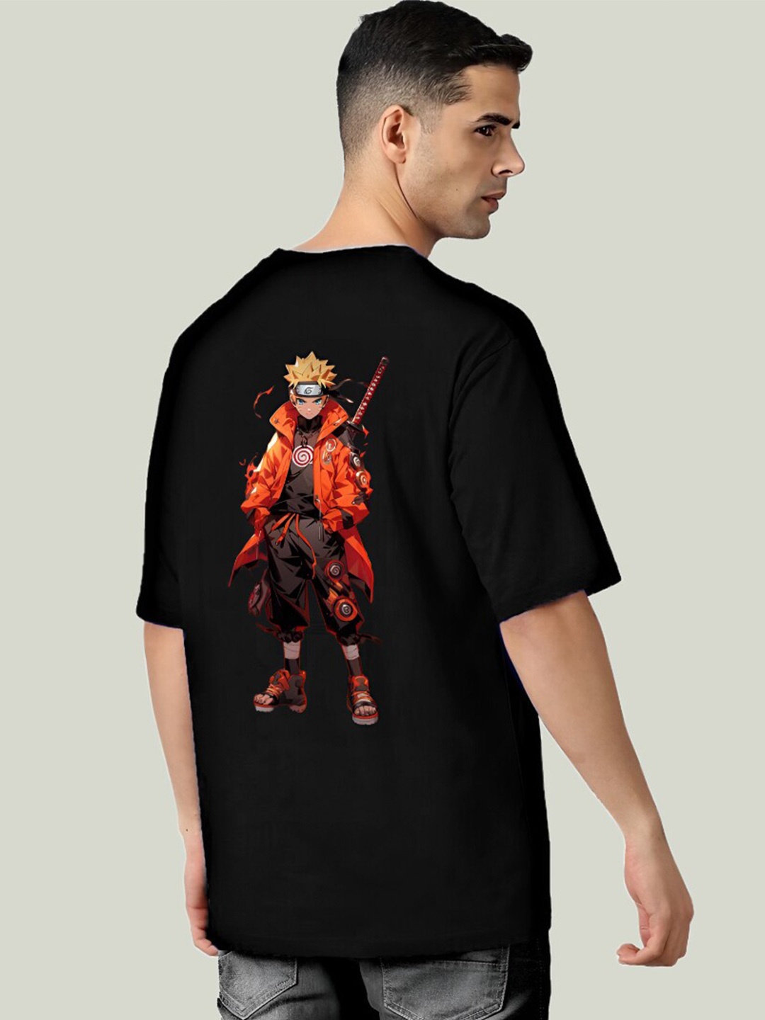

Elibolz Naruto Printed Drop-Shoulder Cotton Oversized T-shirt, Black