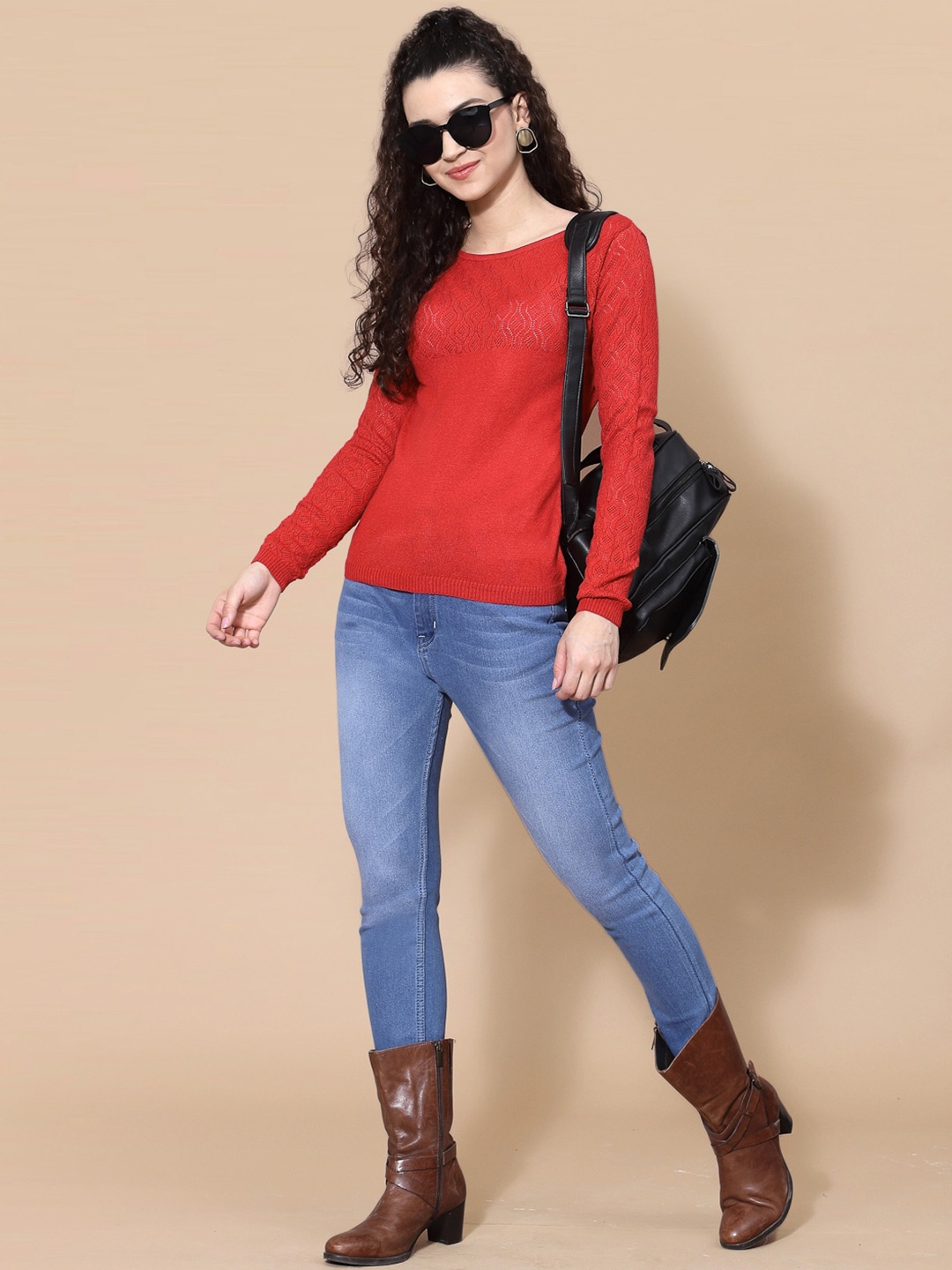 

DressBerry Red Geometric Self Design Acrylic Pullover