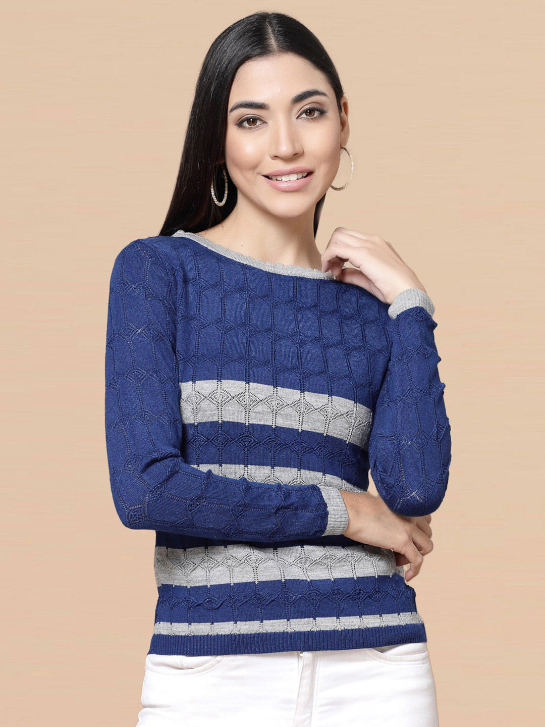 

DressBerry Blue Geometric Self Design Acrylic Pullover