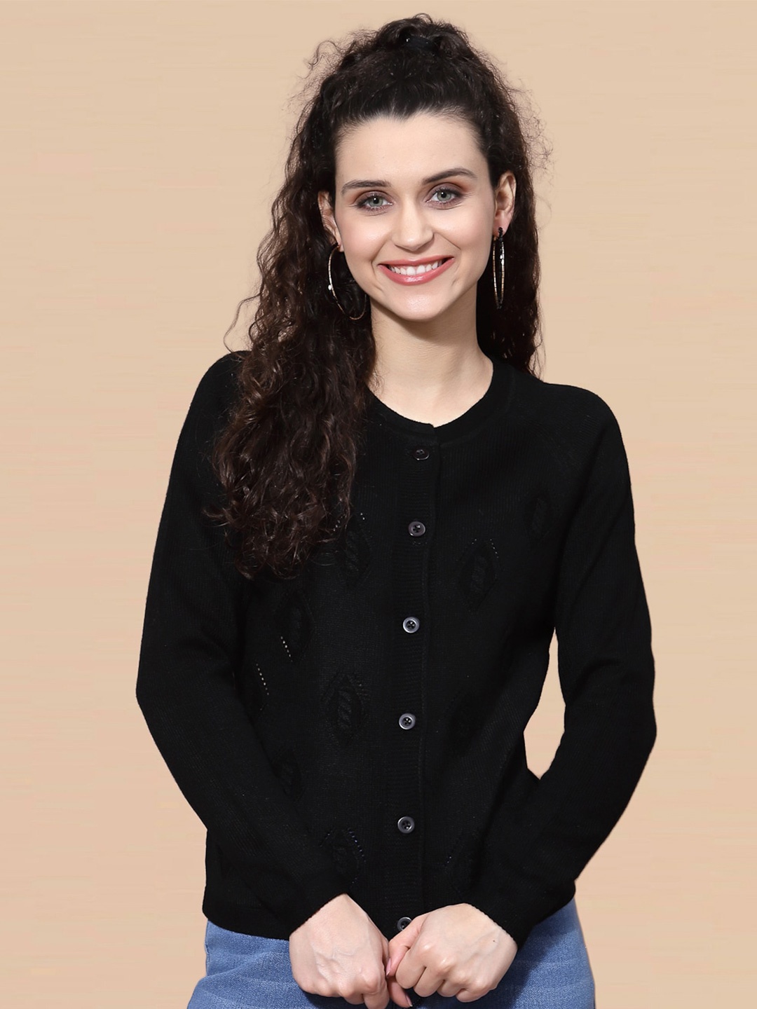 

DressBerry Black Open Knit Self Design Acrylic Cardigan Sweater