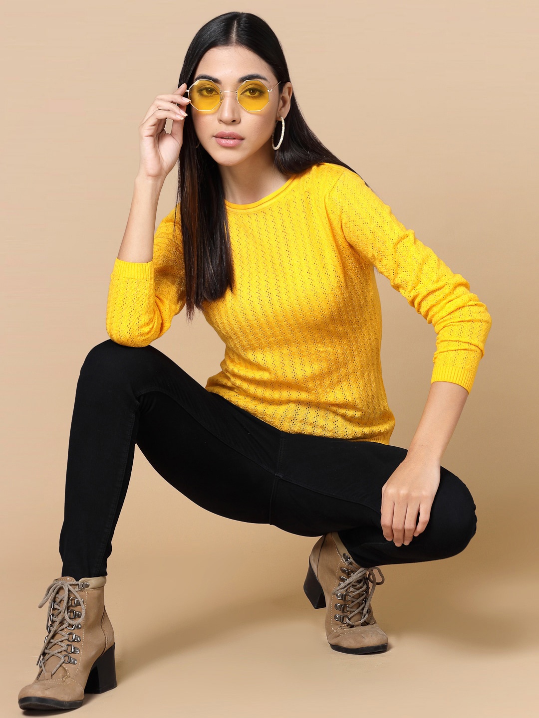 

DressBerry Open Knit Acrylic Pullover Sweater, Yellow
