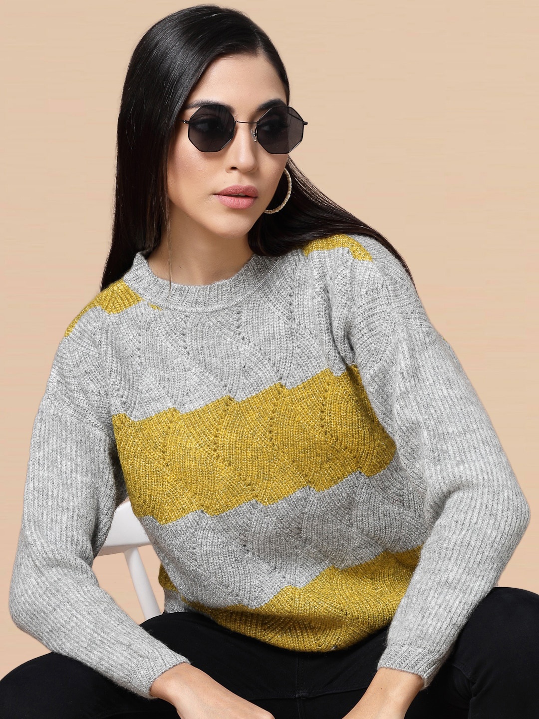

DressBerry Cable Knit Acrylic Pullover Sweater, Yellow