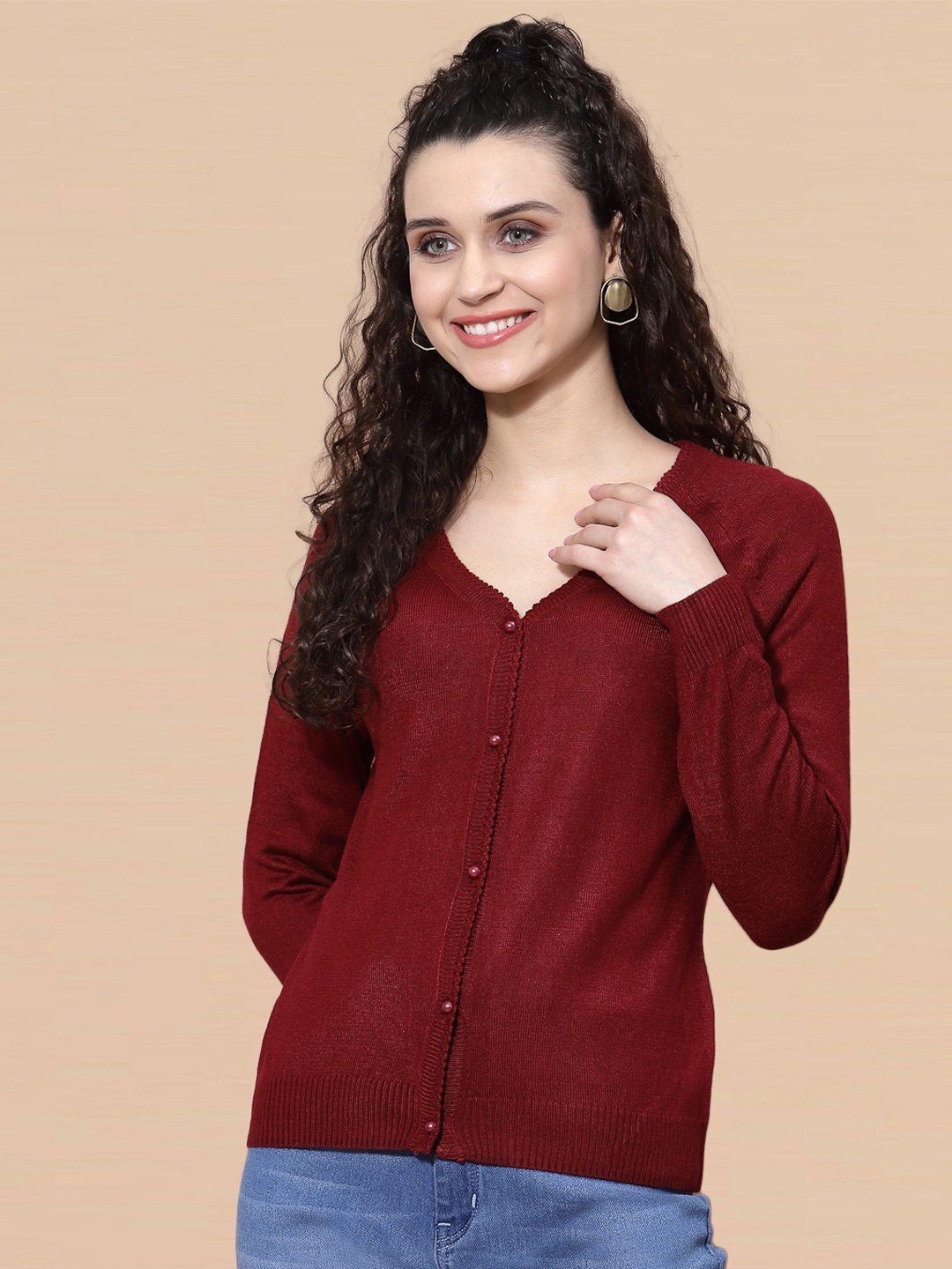 

DressBerry Red V-Neck Long Sleeve Acrylic Cardigan Sweaters